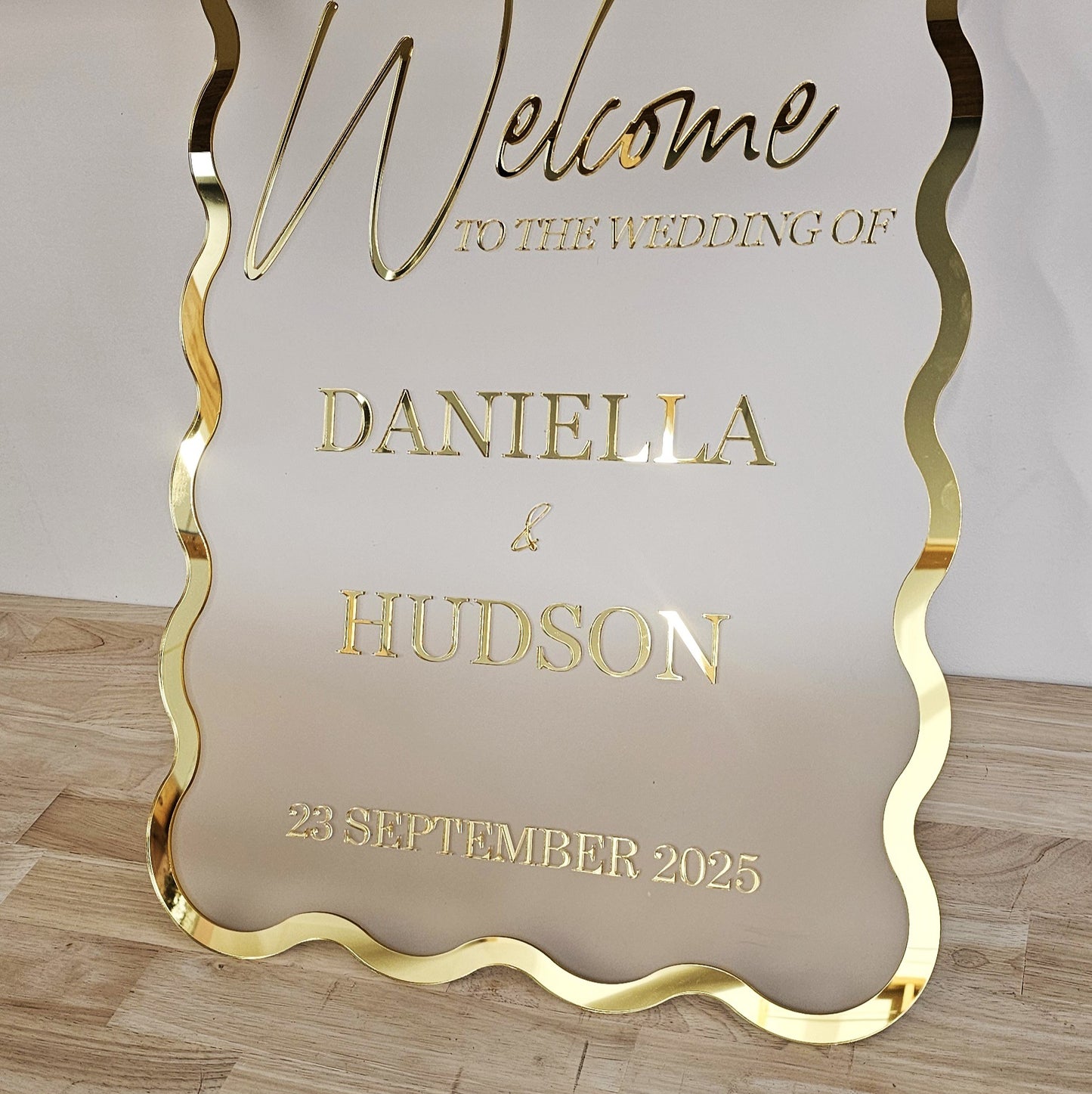 Wavy Wedding Welcome Sign — Mirror Gold/Silver/Rose Gold on Frosted Acrylic