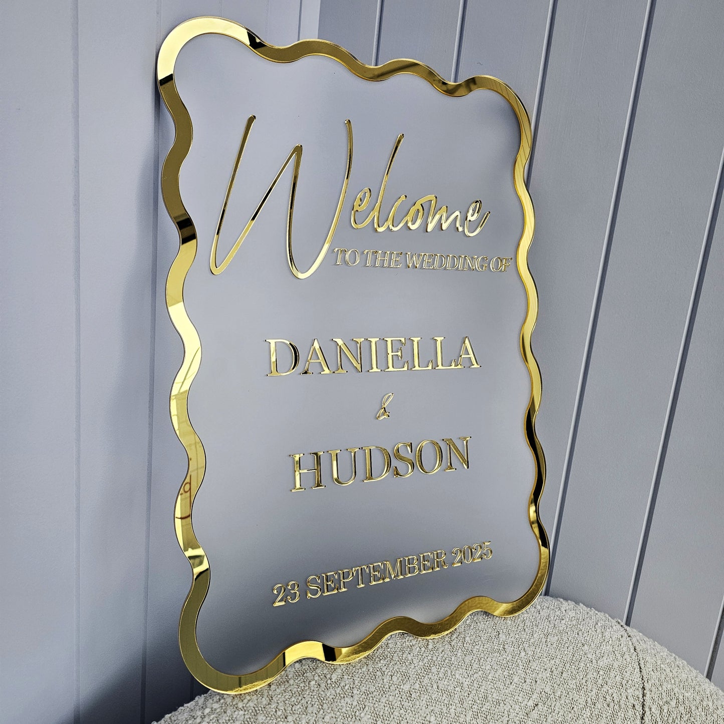 Wavy Wedding Welcome Sign — Mirror Gold/Silver/Rose Gold on Frosted Acrylic