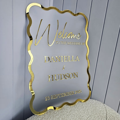 Wavy Wedding Welcome Sign — Mirror Gold/Silver/Rose Gold on Frosted Acrylic