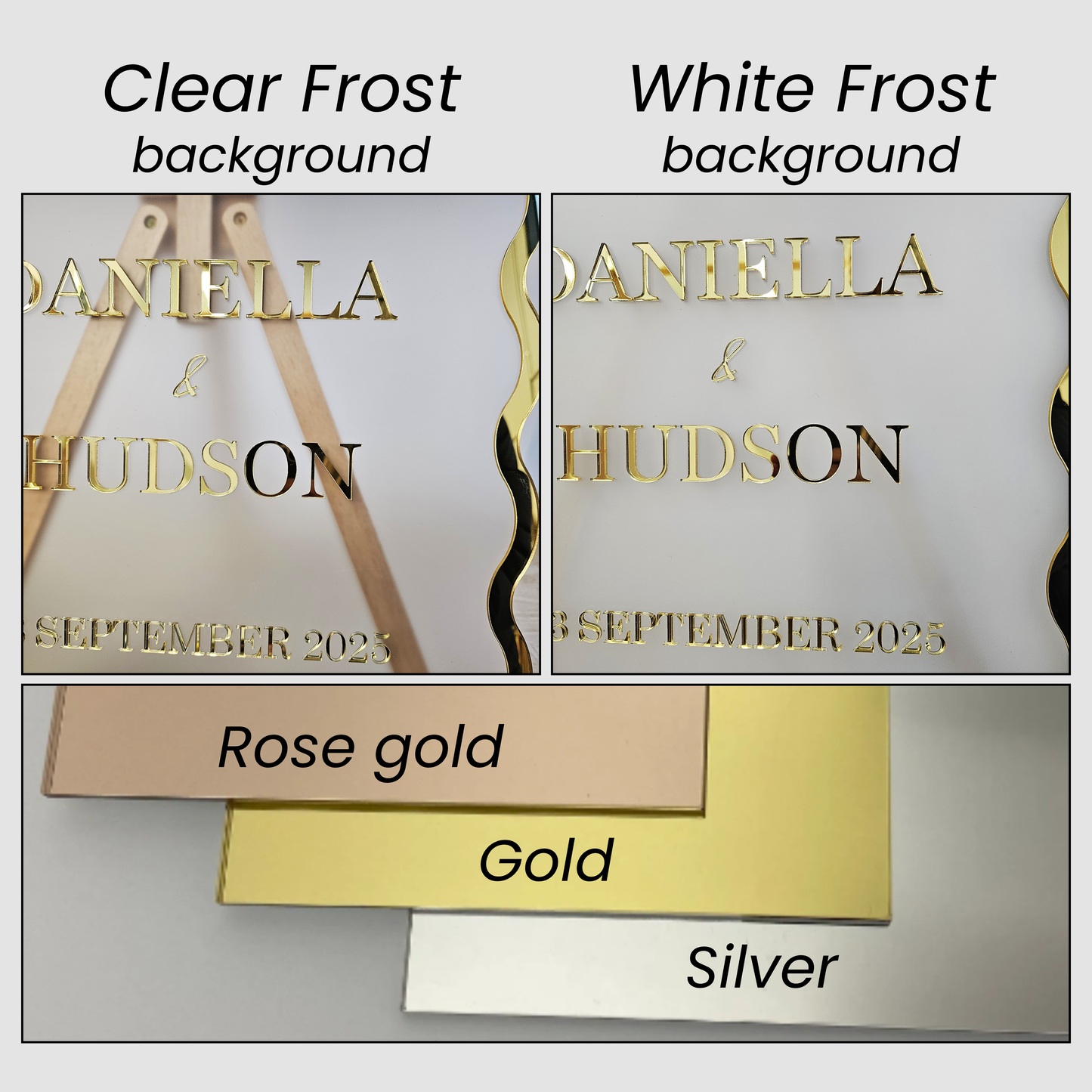 Wavy Wedding Welcome Sign — Mirror Gold/Silver/Rose Gold on Frosted Acrylic